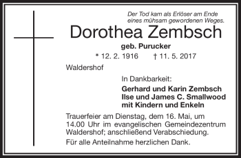 Traueranzeige von Dorothea Zembsch von Frankenpost