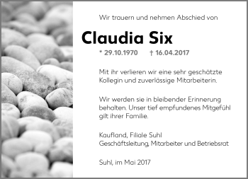 Traueranzeige von Claudia Six von Südthüringer Presse