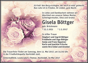 Traueranzeige von Gisela Böttger von Südthüringer Presse