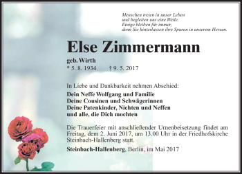 Traueranzeige von Else Zimmermann von Südthüringer Presse
