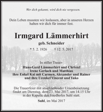 Traueranzeige von Irmgard Lämmerhirt von Südthüringer Presse