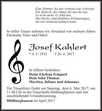 Traueranzeige von Josef Kahlert von Südthüringer Presse