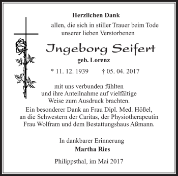 Traueranzeige von Ingeborg Seifert von Südthüringer Presse