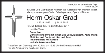 Traueranzeige von Oskar Gradl von Frankenpost