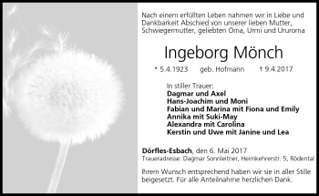 Traueranzeige von Ingeborg Mönch von Neue Presse Coburg