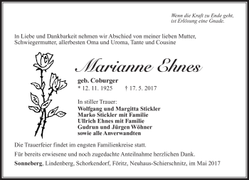 Traueranzeige von Marianne Ehnes von Südthüringer Presse