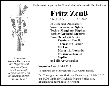 Traueranzeige von Fritz Zeuß von Neue Presse Coburg