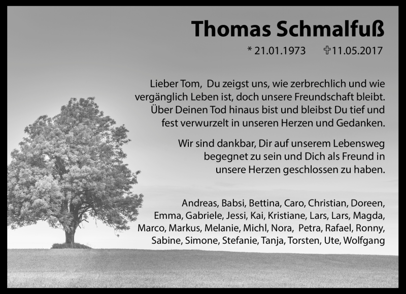  Traueranzeige für Thomas Schmalfuß vom 20.05.2017 aus Frankenpost