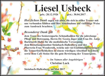 Traueranzeige von Liesel Usbeck von Südthüringer Presse