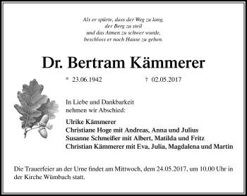Traueranzeige von Dr. Bertram Kämmerer von Südthüringer Presse