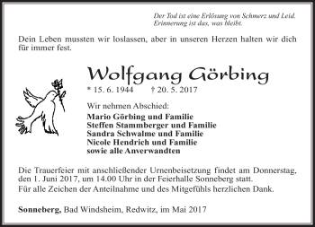 Traueranzeige von Wolfgang Görbing von Südthüringer Presse