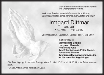 Traueranzeige von Irmgard Dittmar von Frankenpost