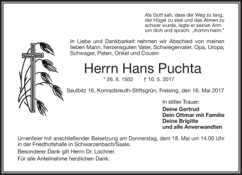 Traueranzeige von Hans Puchta von Frankenpost