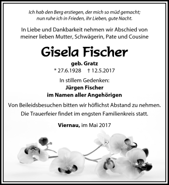 Traueranzeige von Gisela Fischer von Südthüringer Presse