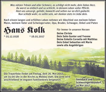 Traueranzeige von Hans Kolk von Südthüringer Presse