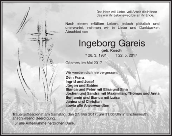 Traueranzeige von Ingeborg Gareis von Frankenpost