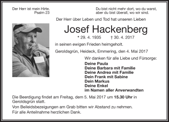 Traueranzeige von Josef Hackenberg von Frankenpost
