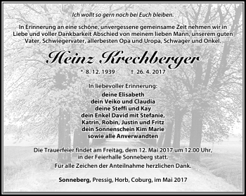 Traueranzeige von Heinz Krechberger von Südthüringer Presse