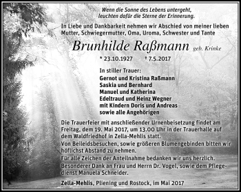 Traueranzeige von Brunhilde Raßmann von Südthüringer Presse