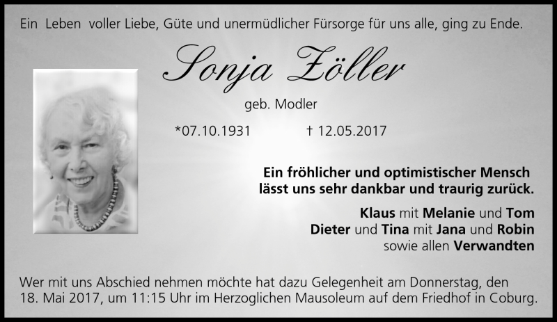  Traueranzeige für Sonja Zöller vom 16.05.2017 aus Neue Presse Coburg