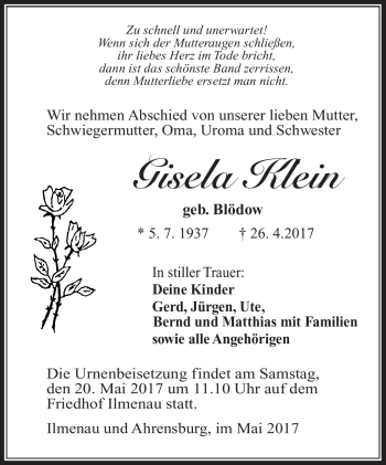 Traueranzeige von Gisela Klein von Südthüringer Presse