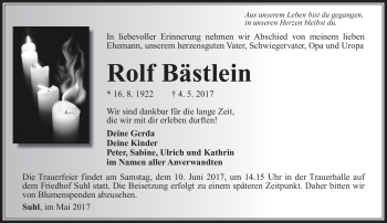 Traueranzeige von Rolf Bästlein von Südthüringer Presse