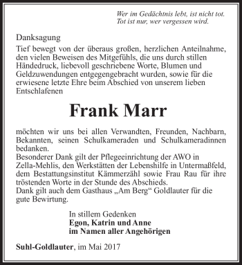 Traueranzeige von Frank Marr von Südthüringer Presse