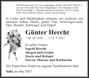 Traueranzeige von Günter Hercht von Südthüringer Presse