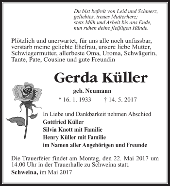 Traueranzeige von Gerda Küller von Südthüringer Presse