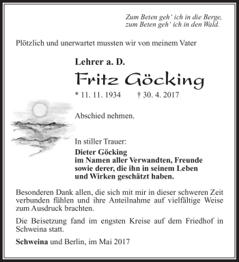 Traueranzeige von Fritz Göcking von Südthüringer Presse
