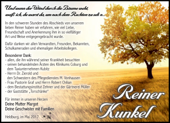 Traueranzeige von Reiner Kunkel von Südthüringer Presse