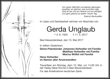 Traueranzeige von Gerda Unglaub von Frankenpost
