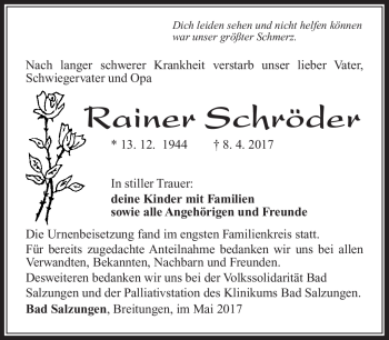 Traueranzeige von Rainer Schröder von Südthüringer Presse
