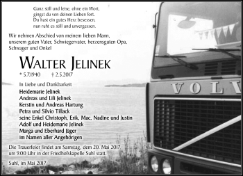 Traueranzeige von Walter Jelinek von Südthüringer Presse