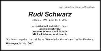 Traueranzeige von Rudi Schwarz von Südthüringer Presse