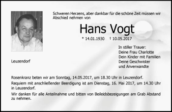 Traueranzeige von Hans Vogt von Neue Presse Coburg