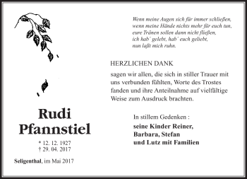 Traueranzeige von Rudi Pfannstiel von Südthüringer Presse