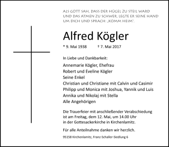 Traueranzeige von Alfred Kögler von Frankenpost