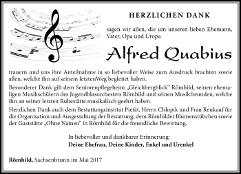 Traueranzeige von Alfred Quabius von Südthüringer Presse