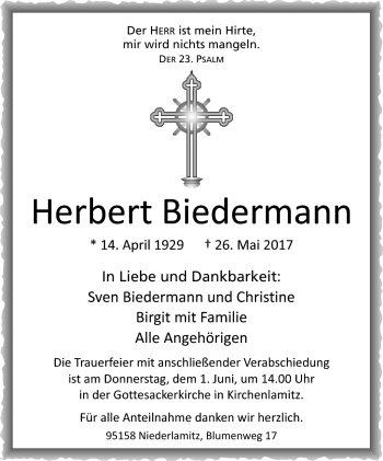 Traueranzeige von Herbert Biederamann von Frankenpost