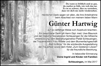 Traueranzeige von Günter Hartwig von Südthüringer Presse