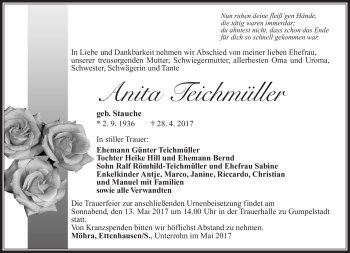 Traueranzeige von Anita Teichmüller von Südthüringer Presse
