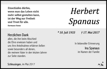 Traueranzeige von Herbert Spanaus von Südthüringer Presse