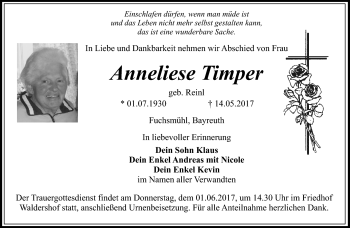 Traueranzeige von Anneliese Timper von Frankenpost