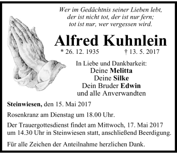 Traueranzeige von Alfred Kuhnlein von Neue Presse Coburg