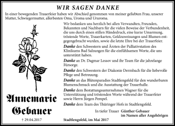 Traueranzeige von Annemarie Gebauer von Südthüringer Presse