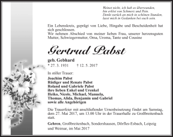 Traueranzeige von Gertrud Pabst von Südthüringer Presse