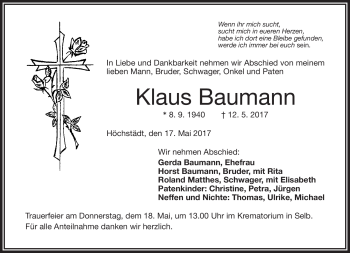 Traueranzeige von Klaus Baumann von Frankenpost