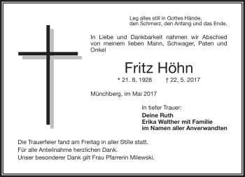 Traueranzeige von Fritz Höhn von Frankenpost