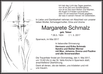 Traueranzeige von Margarete Schmalz von Frankenpost